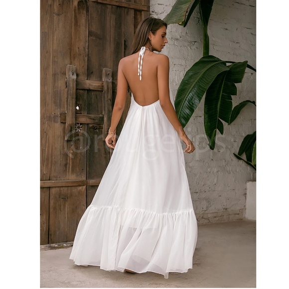 White Flowy Halter Cutout Maxi Flared Dress Backless Open Back - Picture 4 of 12